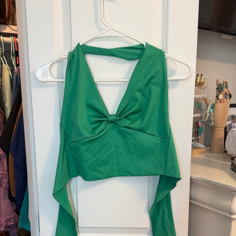 Green Twist-Front Halter Crop Top Bow-Core